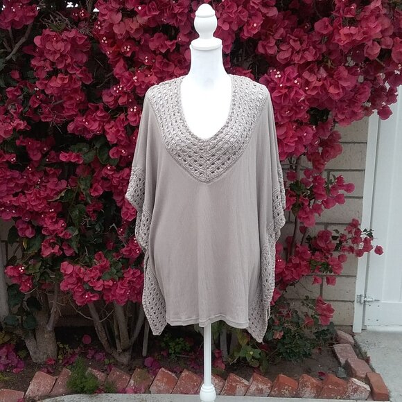 Knox Rose Poncho Women's Knit with Crochet Details V-Neck Taupe Med - Picture 1 of 6